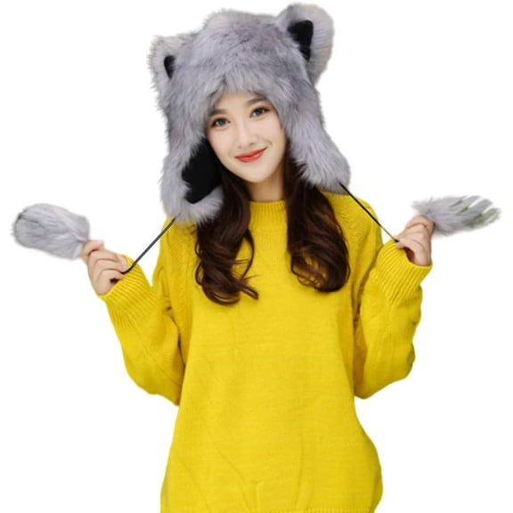 Winter Faux Fur Cap with Earflap for Women Men Cartoon Animal Trapper Hat Christmas Elk Horn Hat Plush Furry Russian Cap