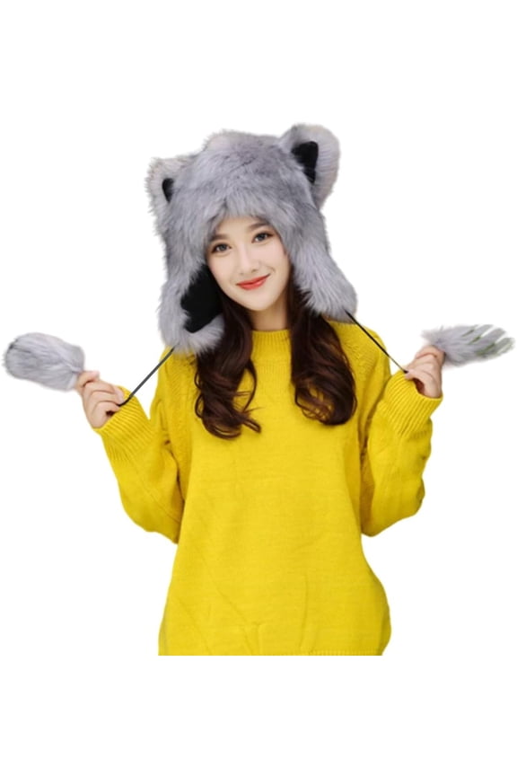 Winter Faux Fur Cap with Earflap for Women Men Cartoon Animal Trapper Hat Christmas Elk Horn Hat Plush Furry Russian Cap