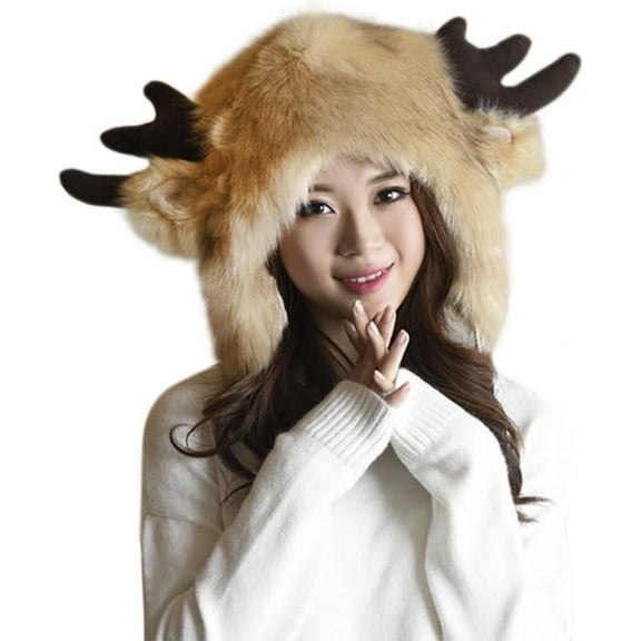 Winter Faux Fur Cap with Earflap for Women Men Cartoon Animal Trapper Hat Christmas Elk Horn Hat Plush Furry Russian Cap