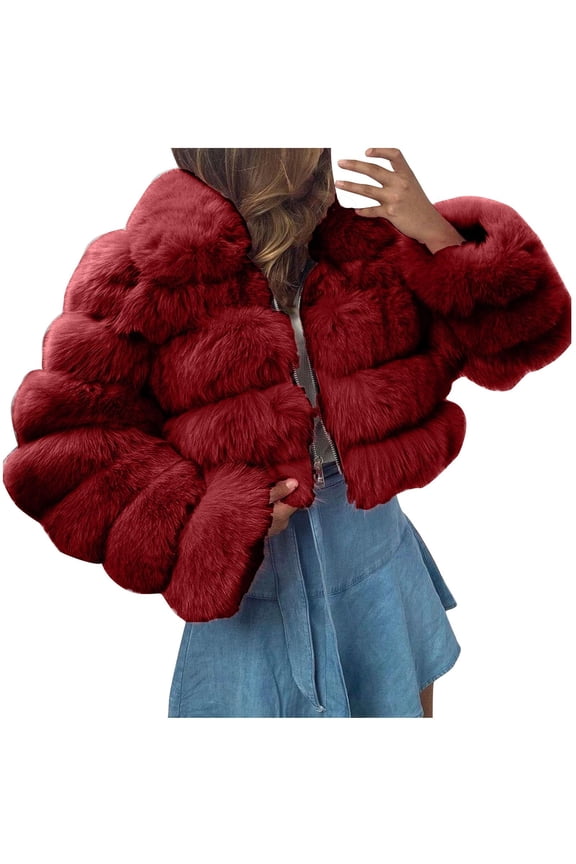 Winter Faux Fur Coat for Women Bubble Fuzzy Cropped Jacket Furry Short Warm Jackets Plus Size Outwear with Hood