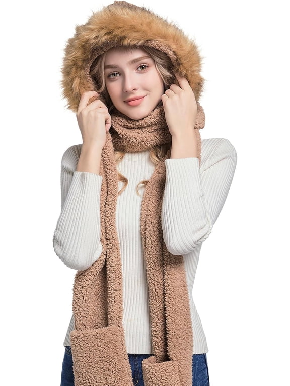 Winter Faux Fur Fuzzy Trim Sherpa Hooded Scarf Cute 3-in-1 Scarf Hat Gloves Set for Women