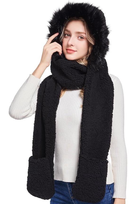 Winter Faux Fur Fuzzy Trim Sherpa Hooded Scarf Cute 3-in-1 Scarf Hat Gloves Set for Women