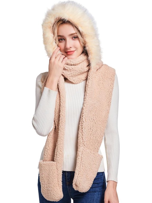 Winter Faux Fur Fuzzy Trim Sherpa Hooded Scarf Cute 3-in-1 Scarf Hat Gloves Set for Women