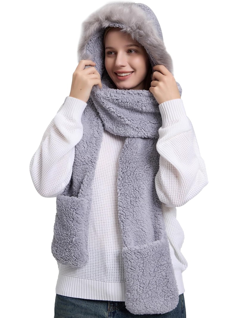 Winter Faux Fur Fuzzy Trim Sherpa Hooded Scarf Cute 3-in-1  display picture 1