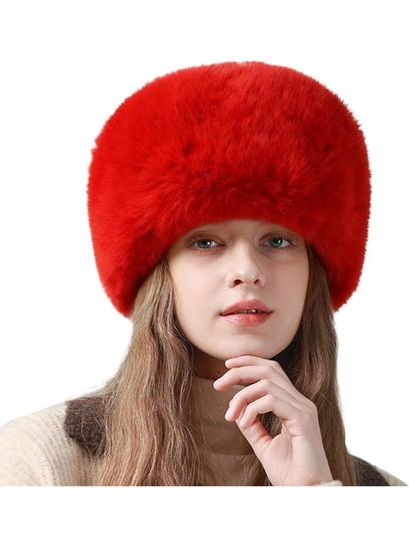Winter Faux Fur Hat for Women Russian Style Ladies Ushanka Warm Fluffy Bucket Hat Fuzzy Furry Cap