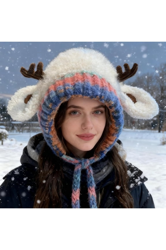 Winter Hat with Deer Design and Soft Knit Ear Flaps, Windproof Thermal Cap for Cold Weather Outdoor Wear, Warm for Winter Sports