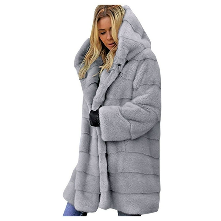 Qolati Winter Faux Fur Long Coats for Women Plus Size Warm Open Front Long Sleeve Hooded Sherpa Jackets Outerwear Y2K Trendy Fuzzy Fleece Teddy Coat