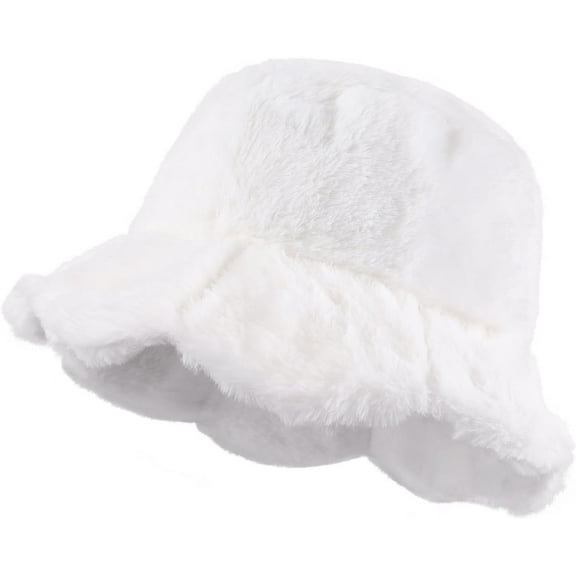 Winter Faux Fur Plush Bucket Hat, Soft Ruffle Sweet Lotus Leaf Fisherman Hat, Fluffy Outdoor Thick Warm Cap for Women