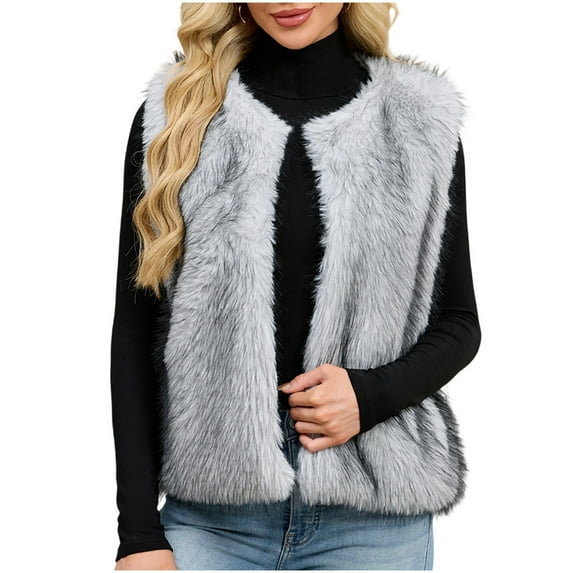 Winter Faux Fur Vest Womens Open Front Fashion Warm Fluffy Jacket Sleeveless Fuzzy Coats Outerwear Gray, 2XL