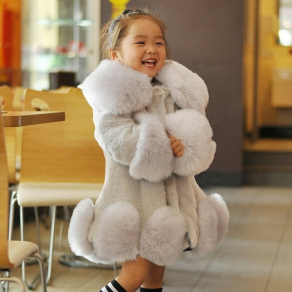Winter Faux Leather Long Sleeve Thermal Jackets for Girls Gray Toddler Jacket Fall Infant Kids Fleece Collar Soild Warm Woolen Coats