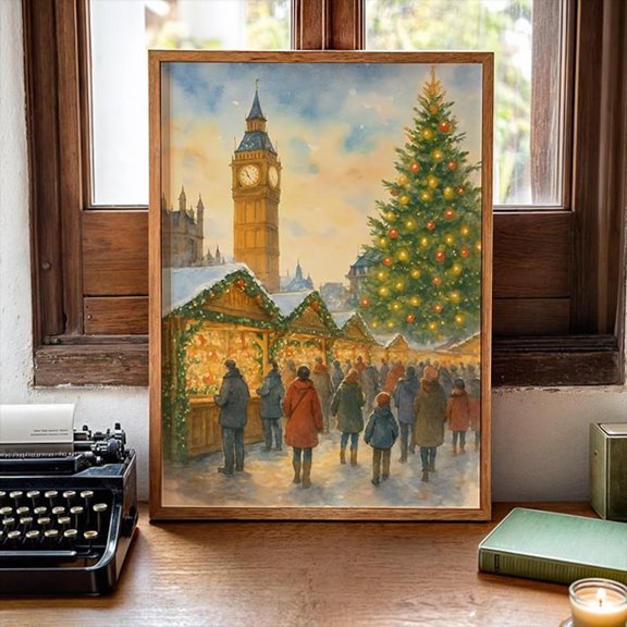 Winter Festive Market, London Winter Festive Market Poster, London Print Poster Decor, Unframed Canvas Size 16x24