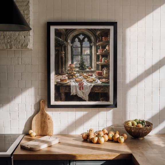 Winter Festive Poster Vintage Bakery Still Life Art Festive Kitchen Decor Cozy Window Scene Festive Wall Print Warm Interior Home, Unframed Poster Size 8x12