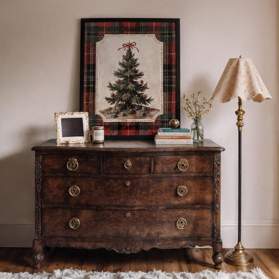 Winter Festive Poster Vintage Tree Art Rustic Festive Decor Plaid Border Classic Wall Print Cozy Winter Interior Accent Home Lovers, Unframed Poster Size 8x12