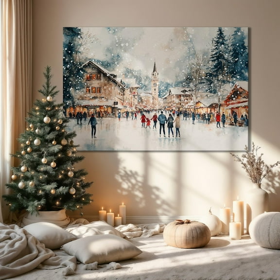 Winter Festive Town Square Wall Art Ice Skating Print Cozy Festive Decor Winter Poster Festive Artwork Ready to Hang Seasonal Decor Gift, Stretched Canvas Size 12x18