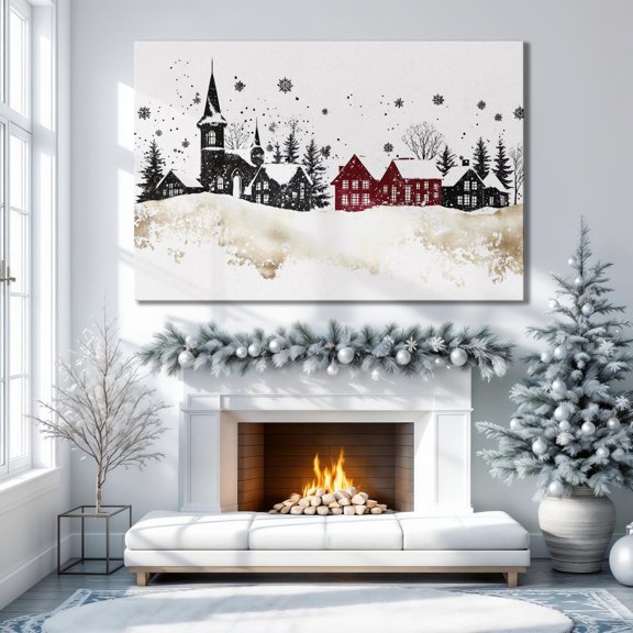 Winter Festive Town Wall Art Abstract Winter Houses Print Snowy Landscape Poster Festive Festive Decor Gift Idea Ready to Hang, Stretched Canvas Size 8x12