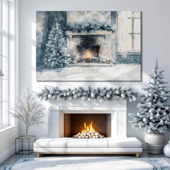 Winter Festive Tree by Cozy Fireplace Wall Art Festive Garland Print Festive Atmosphere Poster Rustic Decor Gift Ready to Hang, Unframed Poster Size 8x12