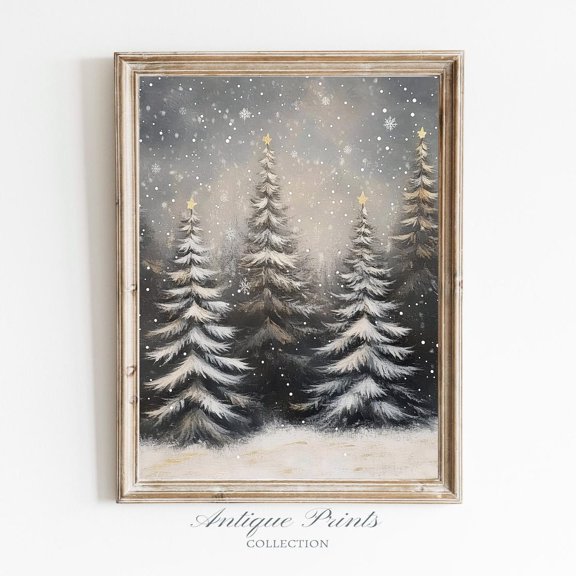 Winter Festive Tree Wall Art, Winter Festive Farmhouse Decor, Rustic Snowy Pine Forest, Poster, Unframed Poster Size 8x12