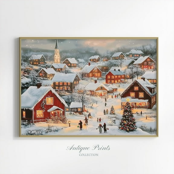 Winter Festive Wall Art, of a Winter Festive Village, Seasonal Winter Festive Decor, Farmhouse Wall Art, Poster, Unframed Poster Size 8x12