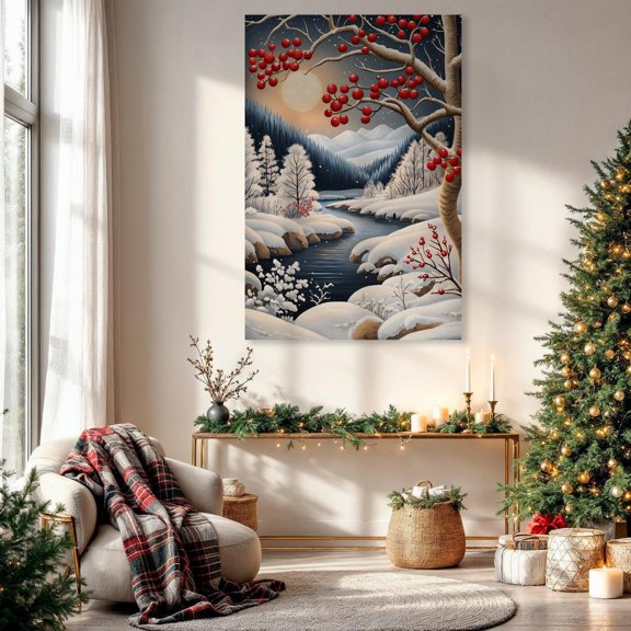 Winter Festive Winter Landscape Wall Art Snowy Forest and River Print Festive Festive Poster Night Scene Decor Gift Ready to Hang, Stretched Canvas Size 16x24