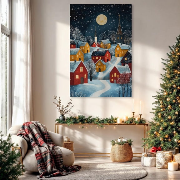 Winter Festive Winter Landscape Wall Art Yellow and Red Cottages Print Vibrant Snowy Village Poster Festive Decor Ready to Hang, Unframed Poster Size 12x18