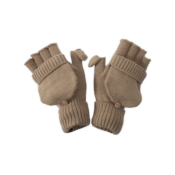 Winter Fingerless Flap Knit Mitten Convertible Flip Gloves - Khaki