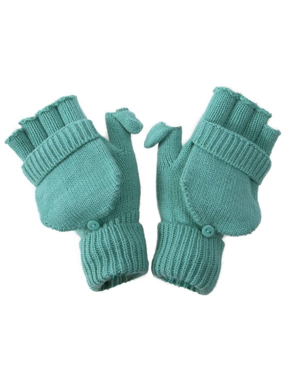 Winter Fingerless Flap Knit Mitten Convertible Flip Gloves - Teal