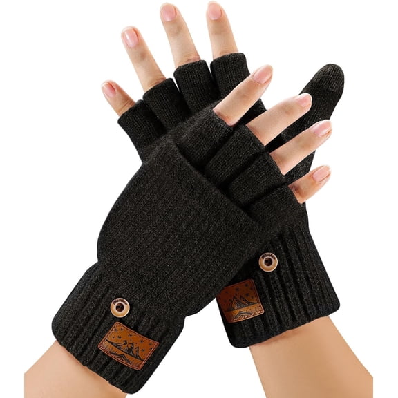 Winter Fingerless Gloves for Men Women - Mittens Finger Wool Gloves with Flip,Warm Half Finger Knitted Cold Weather