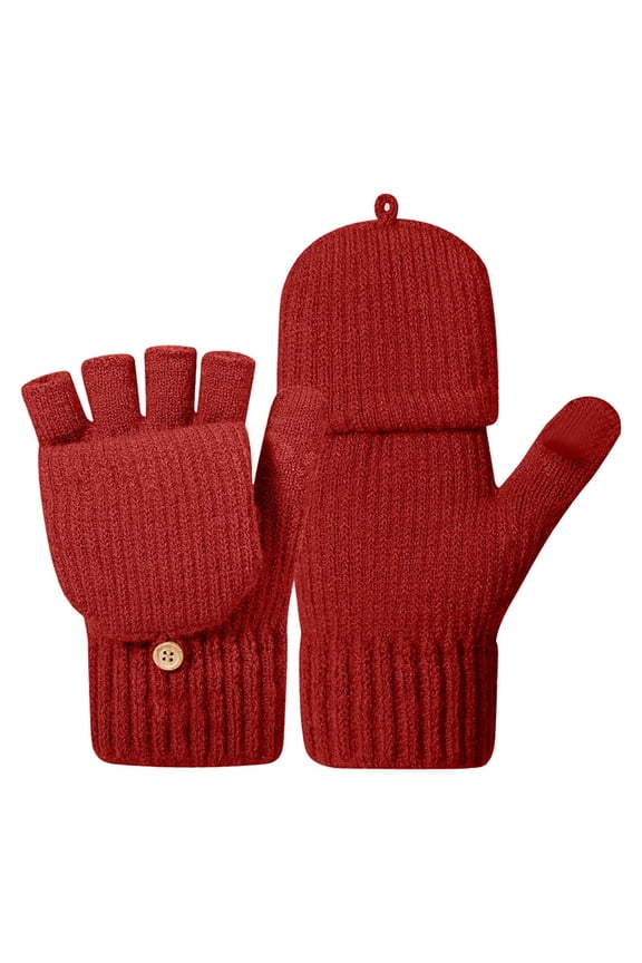 Winter Fingerless Gloves for Men Women - Solid Mittens Finger Wool Gloves with Flip,Warm Half Finger Knitted Cold Weather,Color:Red
