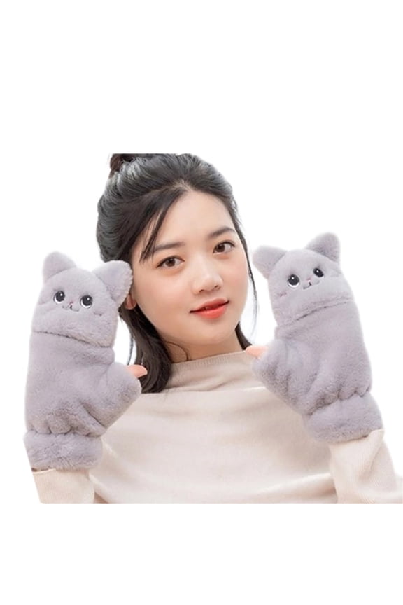 Faux Furs Flip Cover Half Finger Gloves Winter Women Plush Cat Gloves Mittens