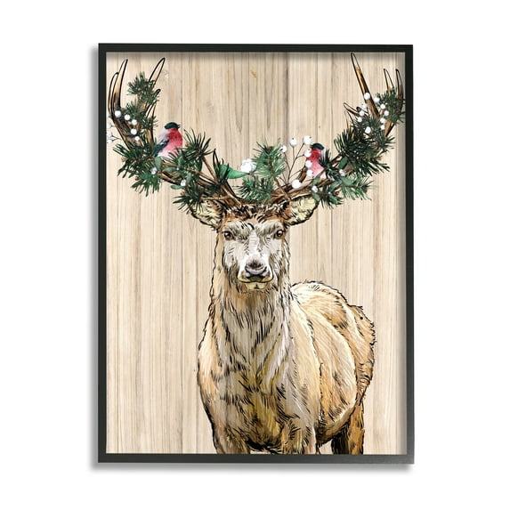 Winter Fir Arrangement Deer Antlers Grainy Pattern Animals & Insects Graphic Art Framed Art Print Wall Art