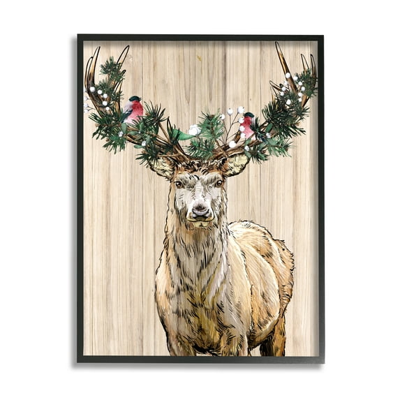 Winter Fir Arrangement Deer Antlers Grainy Pattern Animals & Insects Graphic Art Framed Art Print Wall Art