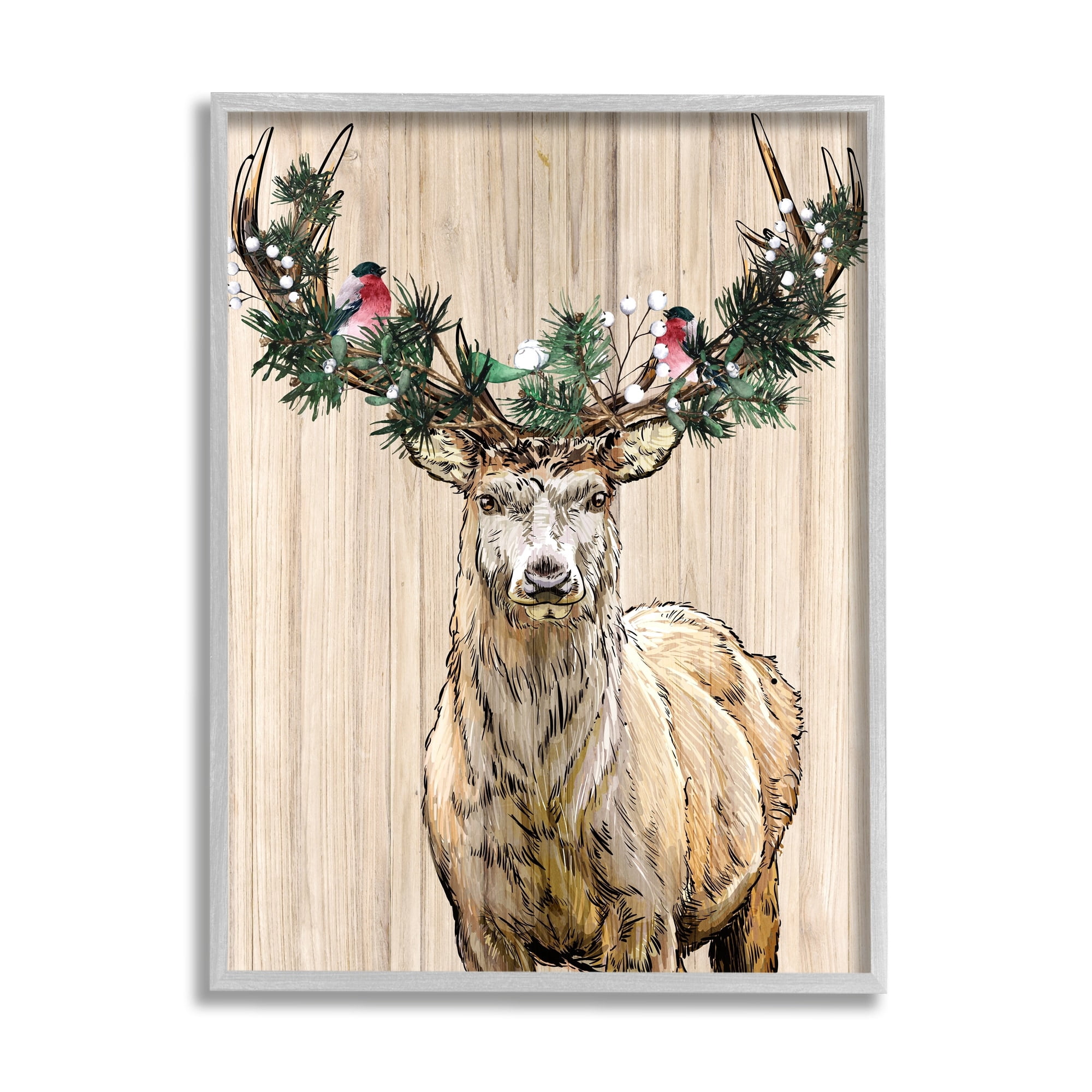Winter Fir Arrangement Deer Antlers Grainy Pattern Animals & Insects Graphic Art Framed Art Print Wall Art