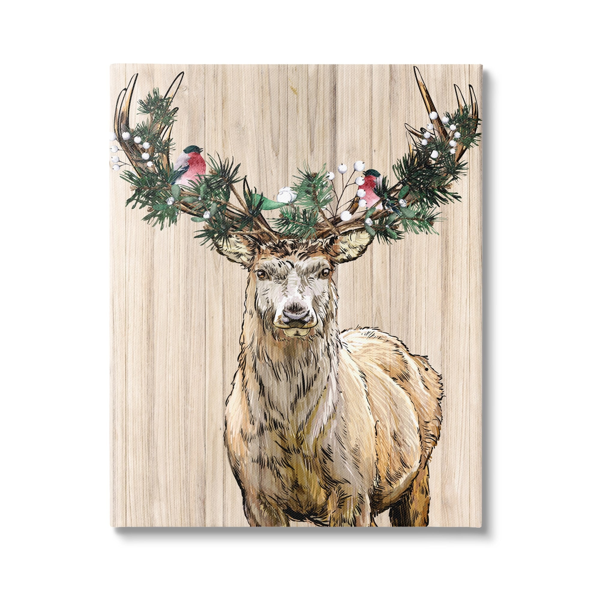 Winter Fir Arrangement Deer Antlers Grainy Pattern Animals & Insects Graphic Art Gallery-Wrapped Canvas Print Wall Art