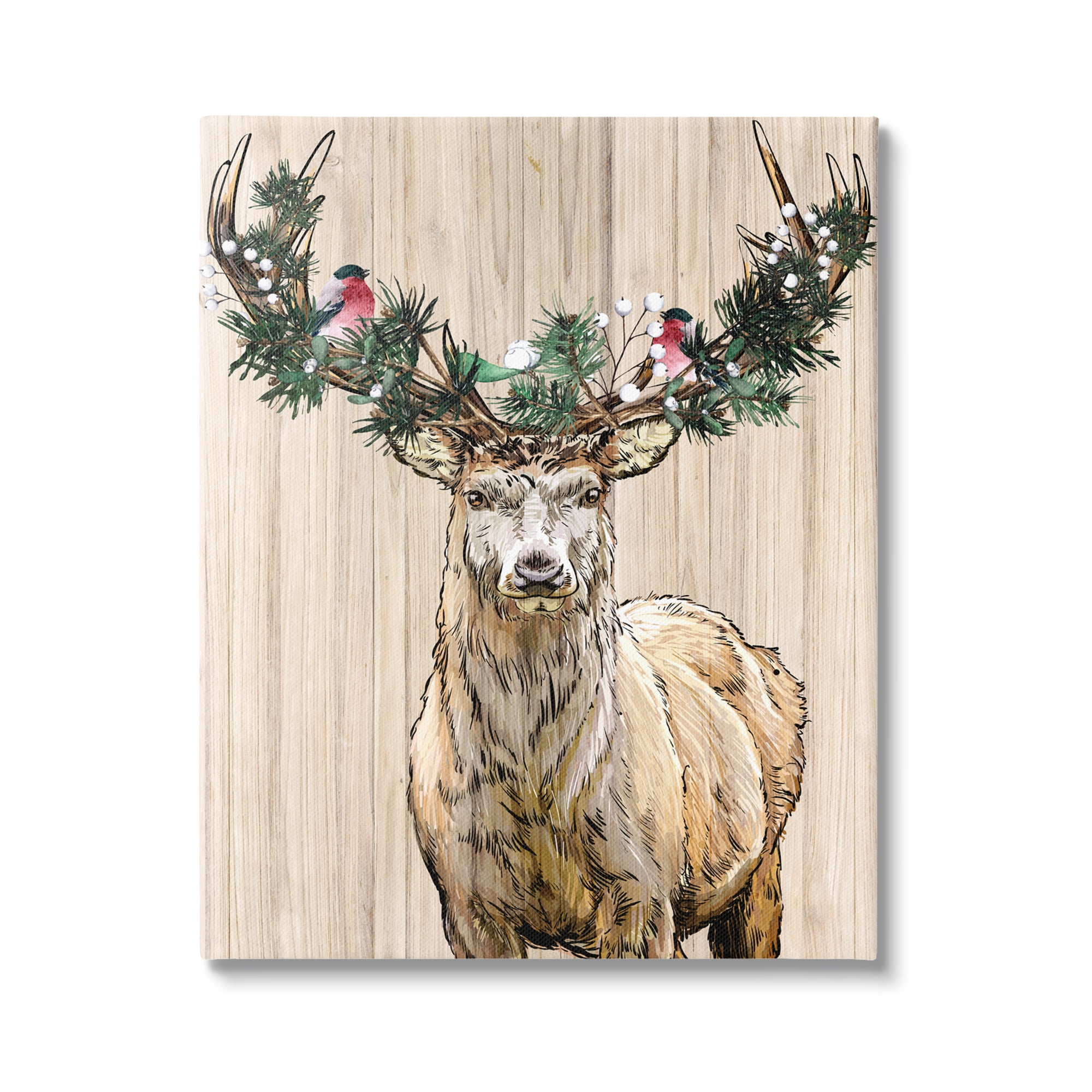 Winter Fir Arrangement Deer Antlers Grainy Pattern Animals & Insects Graphic Art Gallery-Wrapped Canvas Print Wall Art