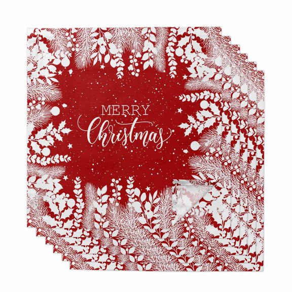 Winter Fir Sprig Botanical Cloth Napkins Set of 6, Christmas Leaf on Red Dinner Napkins Soft Absorbent Table Napkin for Home Cocktail Party Wedding
