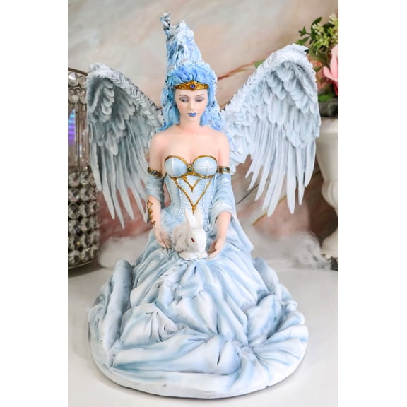 Winter Fire Ice Fairy Angel Queen in Corset Gown With Bunny Rabbit Figurine