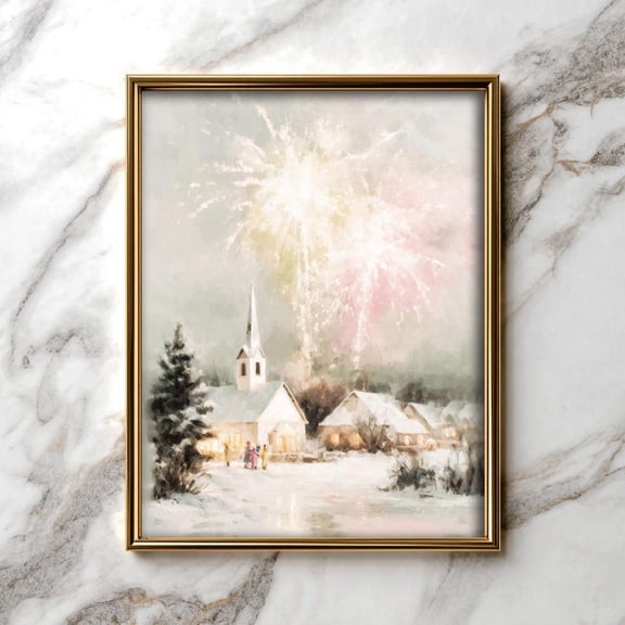 Winter Fireworks Over Snowy Village - Festive Cozy Wall Art, Vintage Church Scene, Decor, 87, Stretched Canvas Size 12x18