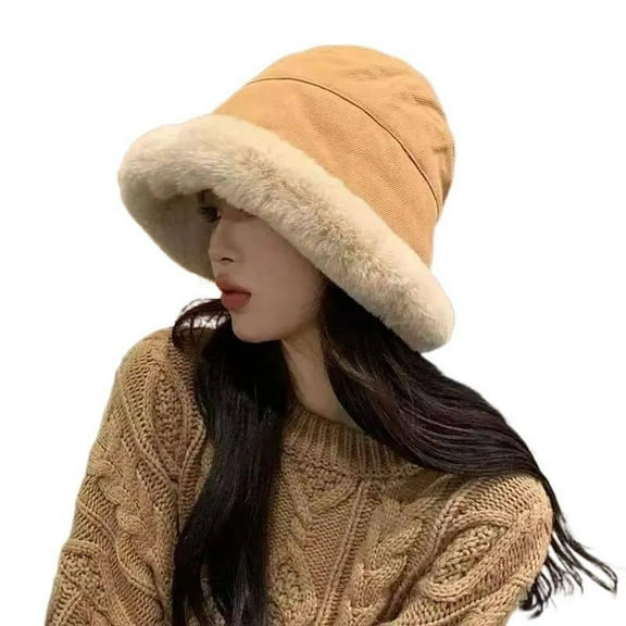 Winter Fisherman Hat Plush Faux Fur Warm Hat Women's Cute Fluffy Bucket Hat