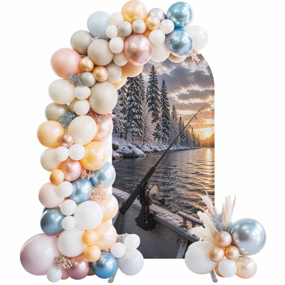 Winter Fishing Rod Arch Backdrop Covers 5 FT, Rustic Boat Deck Pines River Gold Sunlight Stretchy Fitted Arched Stand Covers