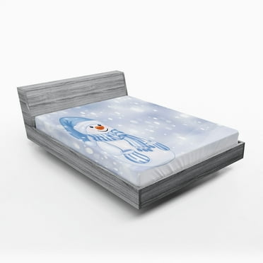 Winter Fitted Sheet, Design Happy Snowman Cartoon Style Merry Christmas Theme, Decorative Soft Bedding All-round Elastic Pocket, California King, Pale Blue White, by Ambesonne