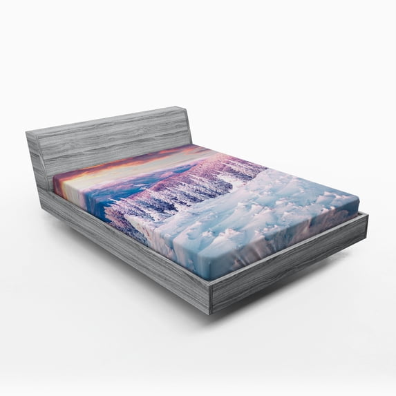 Ambesonne White Fitted Sheet, European Snowy Mountain, Queen Size, White Pink