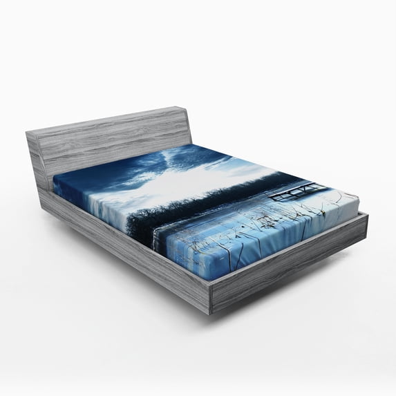 Winter Fitted Sheet, Landscape Scenery of Mountain Lake with a Frozen Bay Sunset, Soft Decorative Fabric Bedding, Queen Size, Purple Grey Slate Blue, by Ambesonne