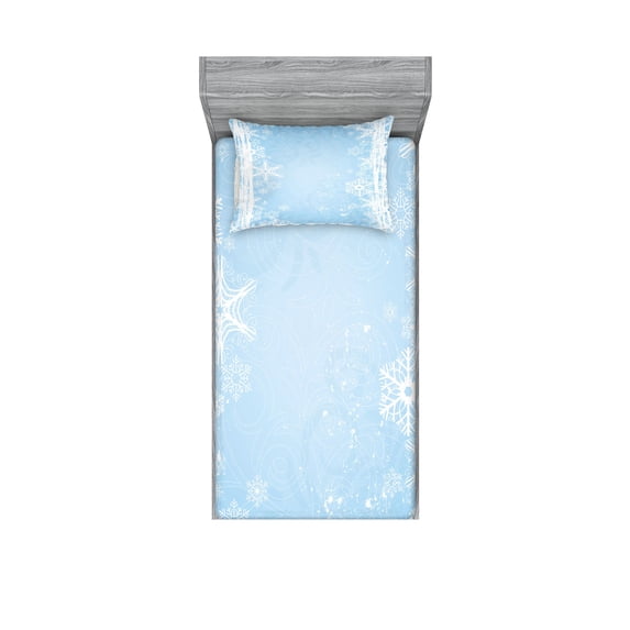 Winter Fitted Sheet & Pillow Sham Set, Abstract Christmas Themed Snowflake Pattern on the Soft Colored Backdrop Image, Decorative Printed 4 Piece Bedding Decor Set, Twin, Pale Blue White, by Ambesonne