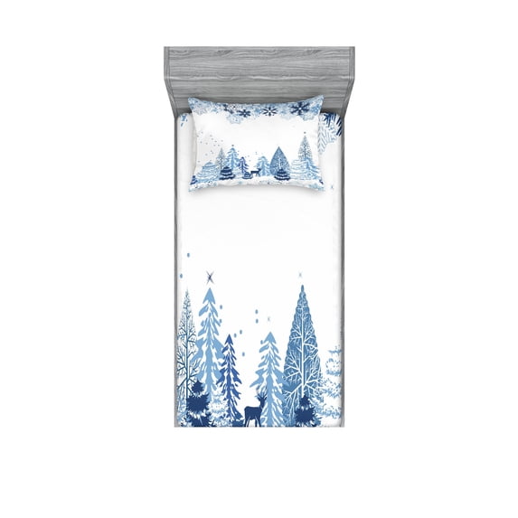 Winter Fitted Sheet & Pillow Sham Set, Cold Scene Deer Frozen Trees and Snow Christmas Season Pine Trees Bushes, Decorative Printed 4 Piece Bedding Decor Set, Twin, Blue White, by Ambesonne