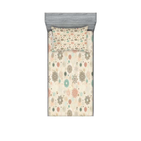 Winter Fitted Sheet & Pillow Sham Set, Retro Style Christmas Pattern with Various Gentle Snowflake Motifs Vintage Pastel, Decorative Printed 4 Piece Bedding Decor Set, Twin, Multicolor, by Ambesonne