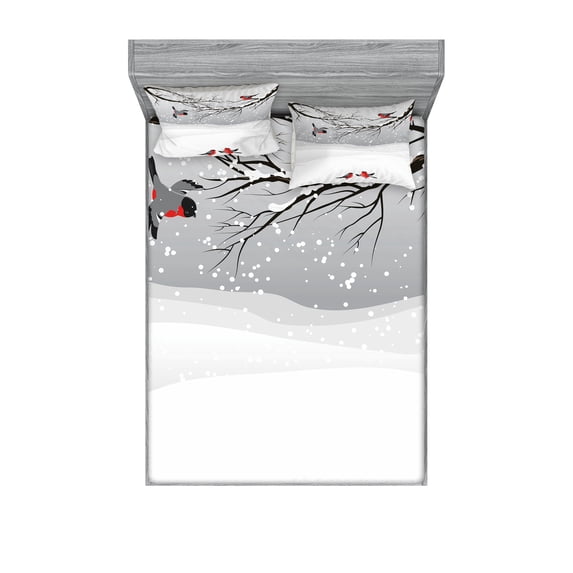 Winter Fitted Sheet & Pillow Sham Set, Winter Season Snow Colorful Happy Birds Cartoon Animals Tranquil Pattern, Decorative Printed 6 Piece Bedding Decor Set, Full, Vermilion Grey Black, by Ambesonne
