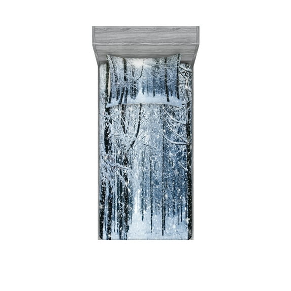 Winter Fitted Sheet & Pillow Sham Set, Snow Covered Forest Idyllic Early Morning Scenery Seasonal Xmas Nature, Decorative 4 Piece Bedding Decor Set, Twinxl, Black White Slate Blue, by Ambesonne