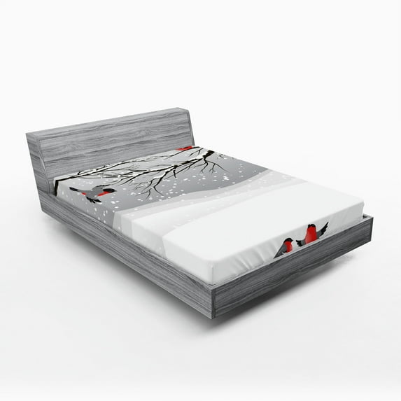 Winter Fitted Sheet, Winter Season Snow Colorful Happy Birds Cartoon Animals Tranquil Pattern, Decorative Soft Bedding All-round Elastic Pocket, Queen Size, Vermilion Grey Black, by Ambesonne