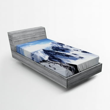 Ambesonne Winter Fitted Sheet, Mountain Peak Scenery, Twin XL Size, White Blue