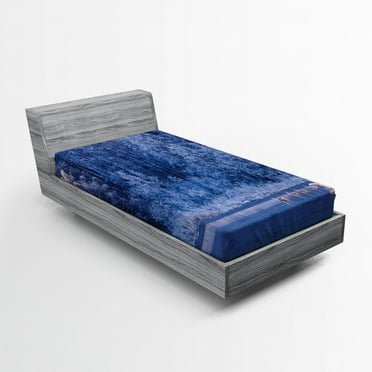 Winter Fitted Sheet, Swans Swimming Lake Dusk Forest Dramatic Idyllic Nature Icy Snowy Weather Rural Scene, Soft Decorative Fabric Bedding, Twin Size, Blue, by Ambesonne
